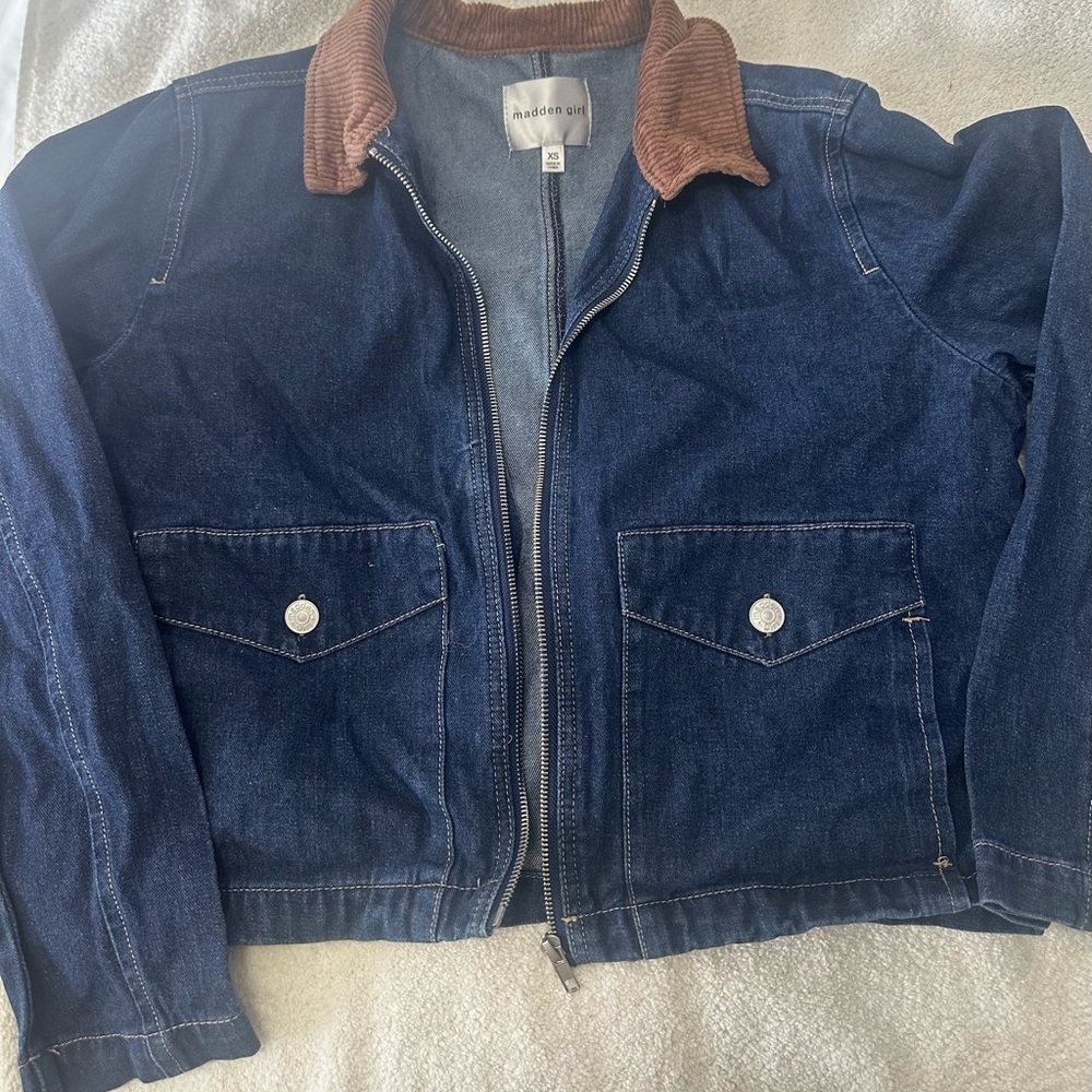 Madden Girl Blue Denim Jacket with Brown Collar